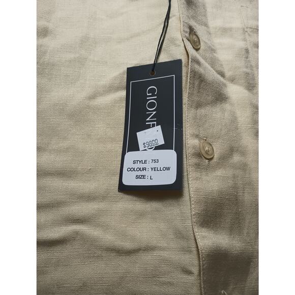 Gionfriddo Linen Yellow Button Up Shirt Mens Large NWT *flawed* Summer Vacation - Picture 2 of 8